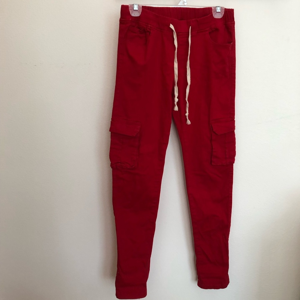 American Bazi red cargo joggers w/ drawstring